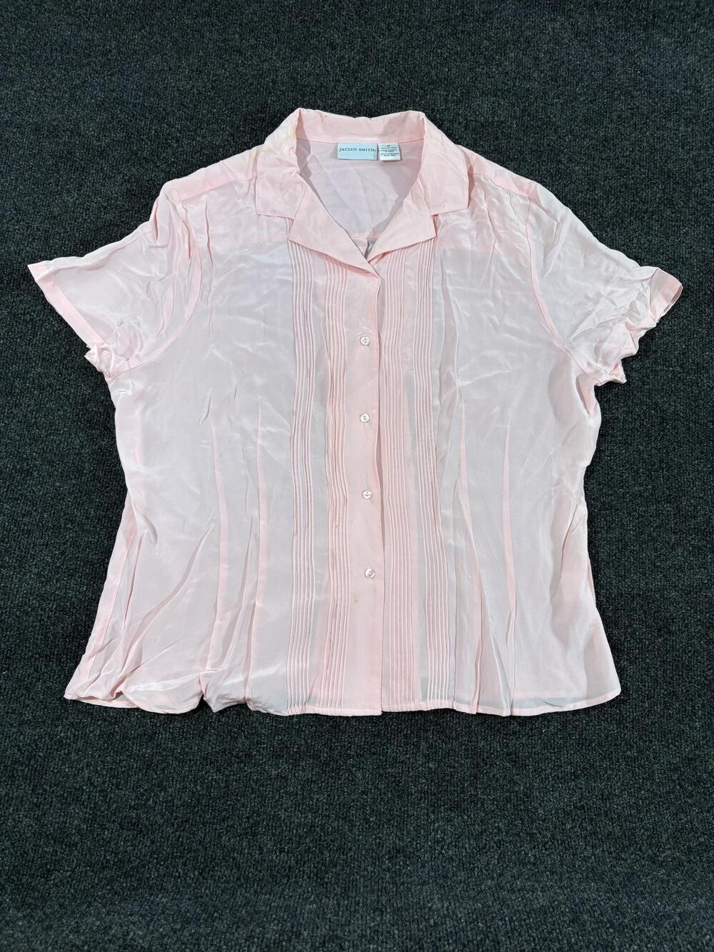 Vintage Jaclyn Smith Blouse Womens 18 Pink Silk Short Sleeve Button Front